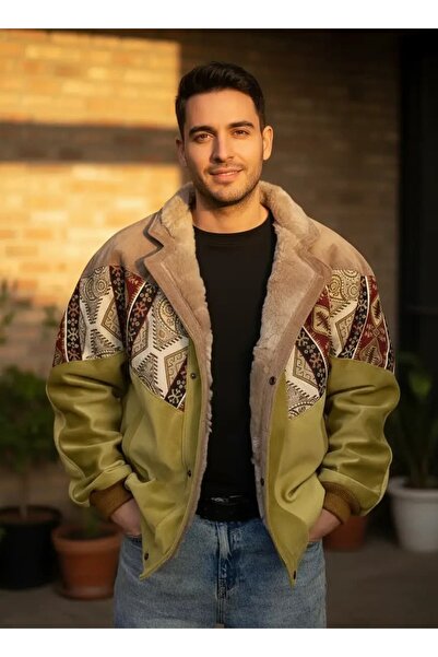 CANMODA (7850) Recien Unisex Fur-Trimmed Yaka Vintage Aztek Jacket Oversized ...