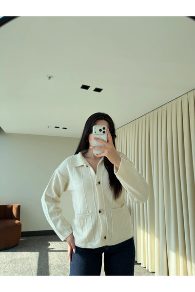 Laluvia Ecru Large Pocketed Cardigan - 9011