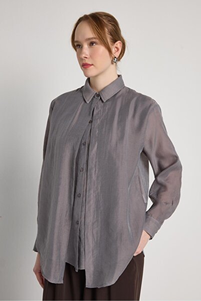 minaaise Relax Fit Cape Detailed Premium Gray Women's Shirt 31017
