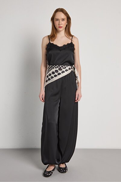 minaaise Pantaloni shalwar din satin negru pentru femei 31013