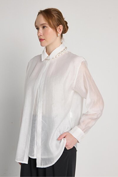 minaaise قميص نسائي أبيض فاخر بتفاصيل ريلاكس فيت بيرين 31017