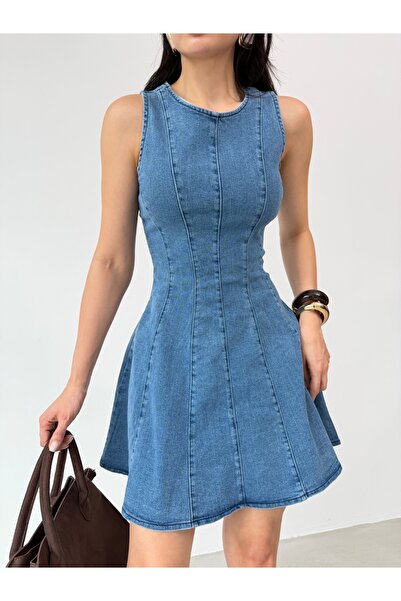 GM Butikk Kadın Sıfır Kol Denim Elbise