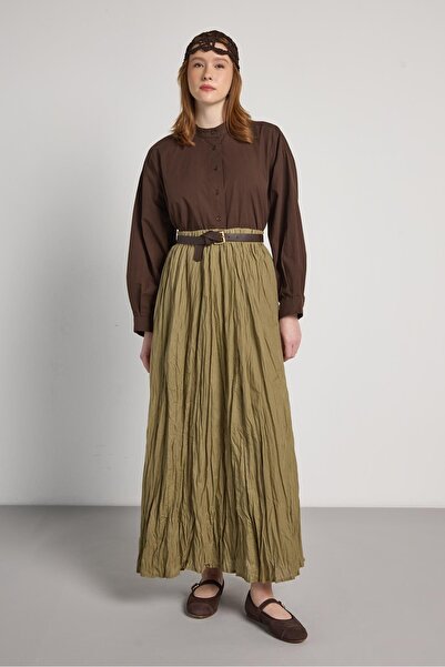 minaaise Fusta lungă cu căptușeală din țesătură voal kaki pentru femei 29062