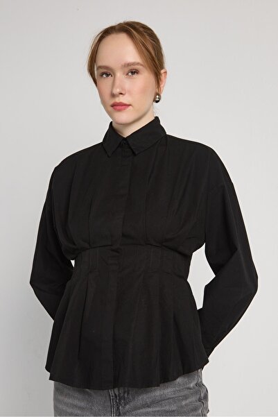 minaaise Women's Black Classic Shirt with Waist Detail 31002