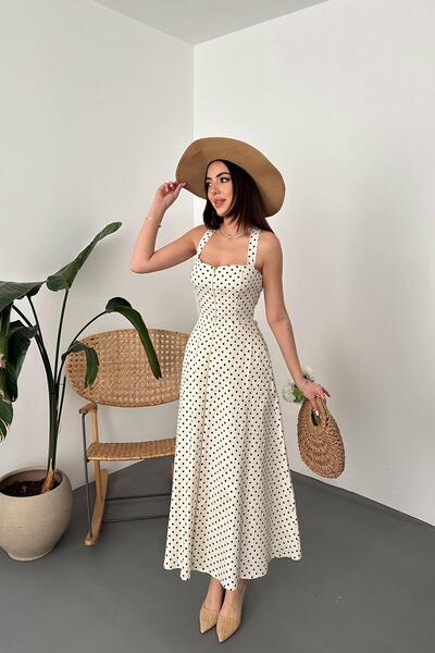 Caddebostan Moda Polka Dot Li Square Neck Zip Detail Backless Midi Length Sum...
