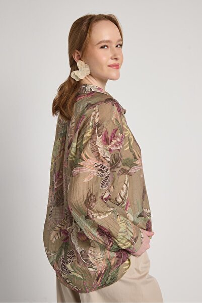 minaaise Oversized V-Neck Floral Print Khaki Women's Shirt 31048
