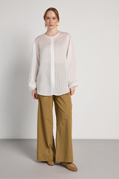 minaaise oversized Λευκό γυναικείο πουκάμισο χωρίς γιακά με μανίκια μπαλόνι 3...