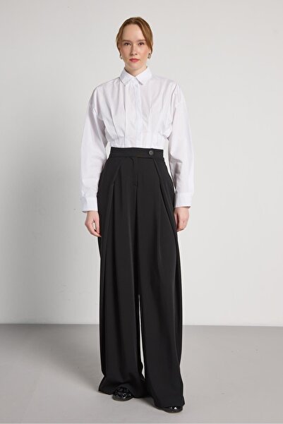 minaaise Women's Black High Waist Pleated Detailed O Oversized Trousers 31029