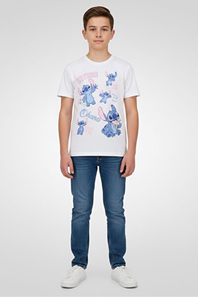 Disney Kids Boy Stitch Graphic Print Short Sleeve T-Shirt, White