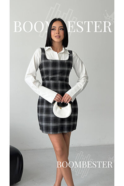 BoomBester Women's Plaid Strap Shirt Detailed Mini Dress