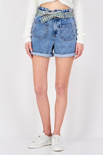 PROMOD شورت جينز مغسول بقصّة عادية للنساء، أزرق فاتح