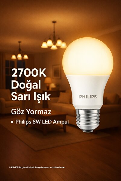 Philips 8W Doğal Sarı 2700K E27 LED Ampul – Abajur & Avize İçin Huzur Veren Işık