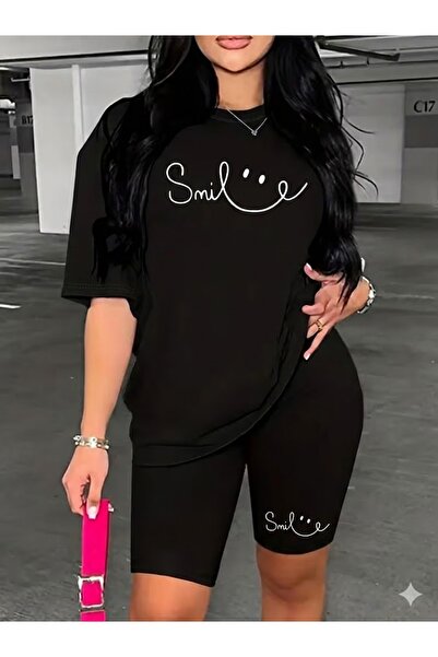 WOODROFFE Women's Smile Printed Oversized T-Shirt Leggings Set Loose Combinat...