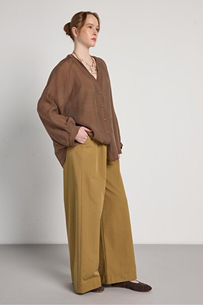 minaaise Women's Brown V-Neck Tencel Fabric Oversized Shirt 31006