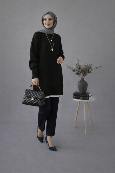 ModaAzen Black Crew Neck Oversize Women's Knitwear Tunic