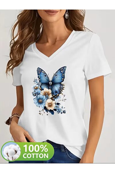 yombaa cu imprimeu Tricou, top casual cu mânecă scurtă și decolteu în V pentr...