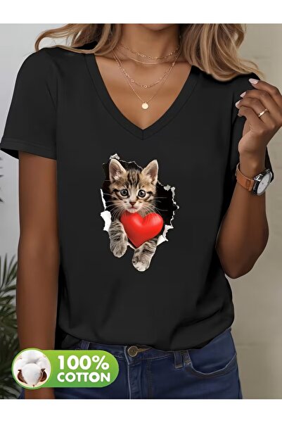 yombaa Printed T-Shirt, Short Sleeve V-Neck Summer & Spring Casual Top, Women...