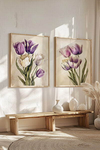 STARYUNA Wooden Framed Lilac and White Tulip Double Painting Set Yuna577