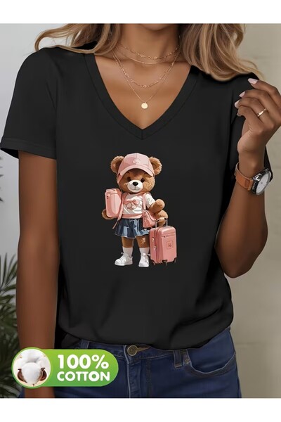 H&GHAMLEGİYİM Tricou pentru femei cu imprimeu, mânecă scurtă, decolteu în V, ...