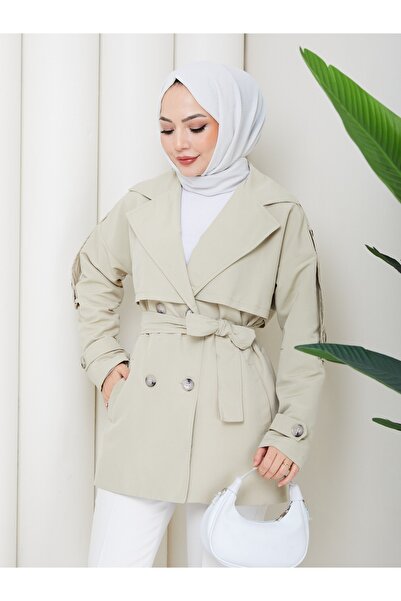 Marjinal City Linen Buttoned and Belted Double-Breasted Collar Trench Coat