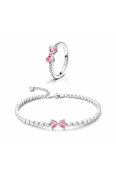 NOVVO Jewelry set with pink bow, ring and bracelet - Ring Size 52