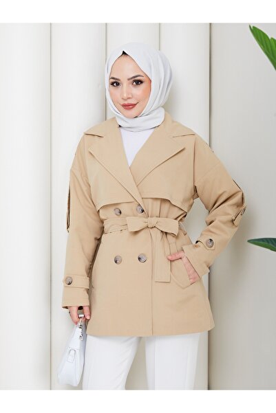 Marjinal City Linen Buttoned and Belted Double-Breasted Collar Trench Coat