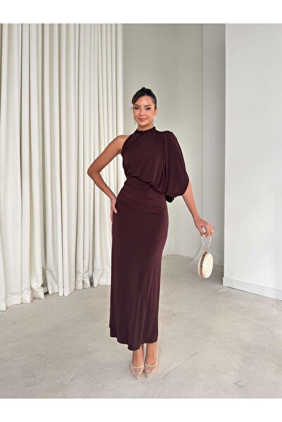 ALVOR Drape Detailed High Neck One Shoulder Women's Dress