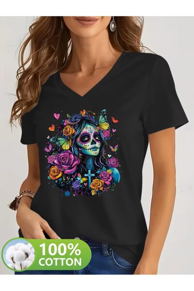 H&GHAMLEGİYİM με τύπωμα T-shirt, κοντομάνικο με λαιμόκοψη σε σχήμα V, καθημερ...