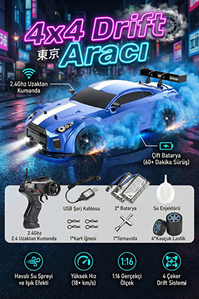 craftivio Uzaktan Kumandalı 4x4 RC Drift Arabası Işıklı Buhar Efektli Duman A...