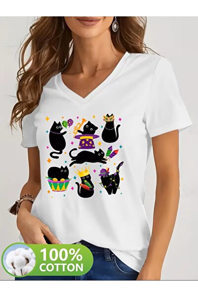H&GHAMLEGİYİM με τύπωμα T-shirt, κοντομάνικο με λαιμόκοψη σε σχήμα V, καθημερ...
