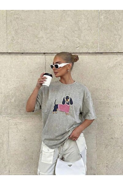 LOKADI Tricou pentru femei Smoked Antracit supradimensionat Washed Graphic cu...