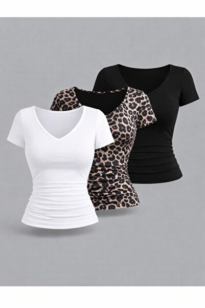 Machetta Women's V-Neck Short Sleeve 3-Pack Stretch Fabric Basic Blouse