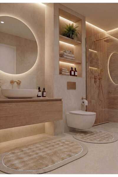 Konak Halı Melena Carpet Modern Peluş Banyo Halı Seti Kaymaz Taban Jüt Halat ...