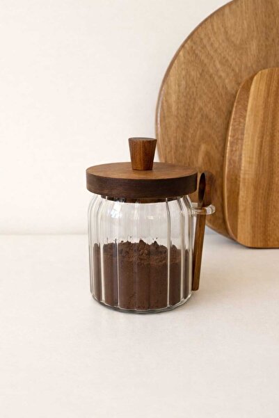 LEONEV Acacia Lidded Striped Jar with Spoon
