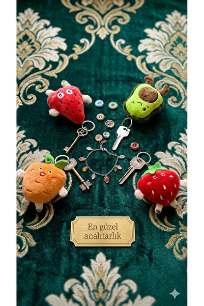 Şirin 4'lü Sevimli Peluş Meyve ve Sebze Anahtarlık Seti - Renkli Karakter Serisi