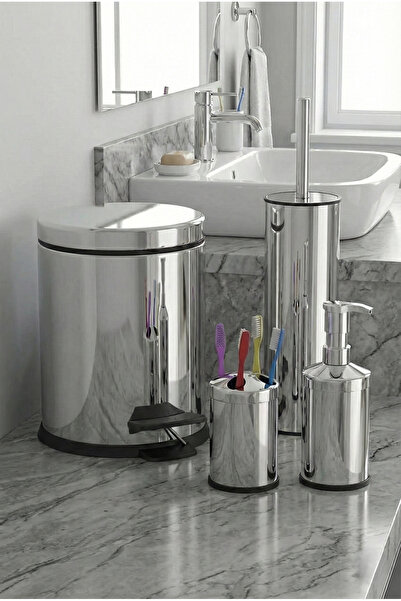Bürke 4-Piece Bathroom Set Chrome 3 Liter Trash Can Toilet Brush Liquid Soap ...
