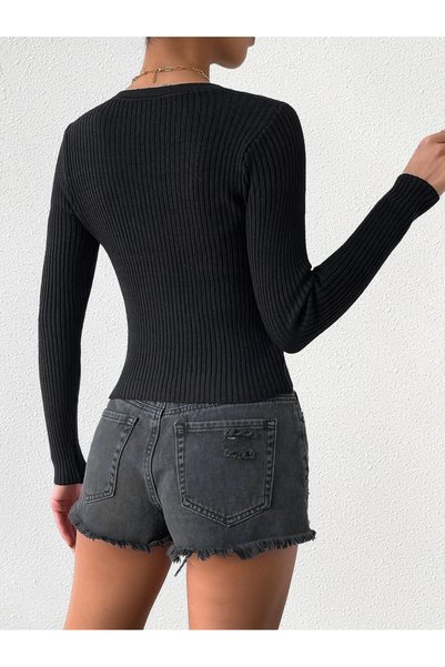 SolQ Leather N V-Neck Corded Fabric Button Fit Fit Women's Knitwear Cardigan