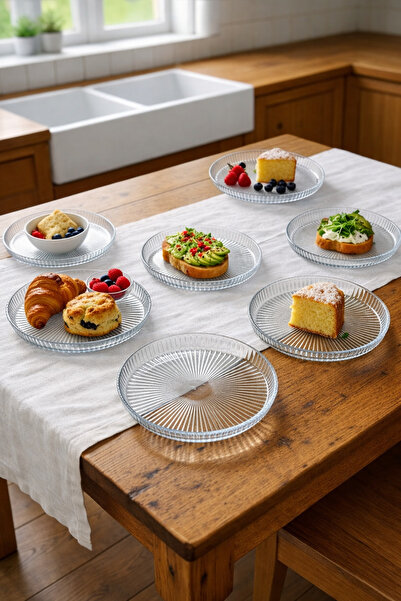 Paşabahçe Şeffaf Çizgili Cam Pasta Servis Tabağı 6'lı - Modern Kahvaltı Tatlı...