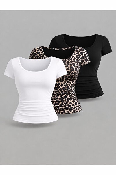 Machetta Women's Short Sleeve Crew Neck 3-Pack Stretch Fabric Basic Blouse