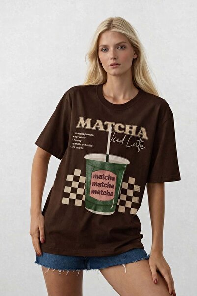 ibeeka New Season Coffee Color Matcha Tea Print Detailed Design T-Shirt - Bro...