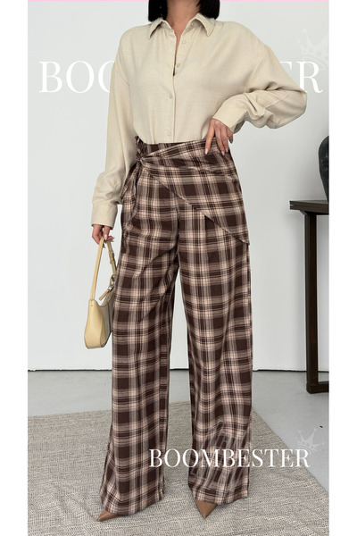 BoomBester بنطلون نسائي بريميوم قماش منقش قطع بنطلون واسع الأرجل - بنطلون شال...