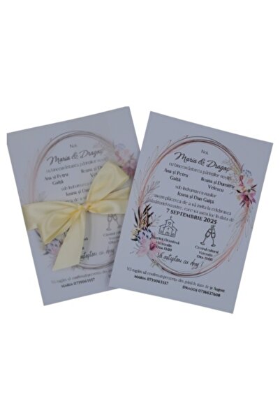 Fabricacucadouri.ro Pachet 50 Invitație nuntă crem cu fundă satinată