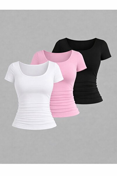 Machetta Women's Short Sleeve Crew Neck 3-Pack Stretch Fabric Basic Blouse
