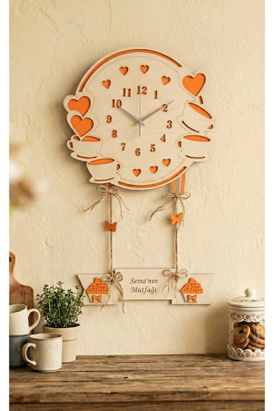 Dekorobi Kişiye Özel İsimli Ahşap Mutfak Duvar Saati - Fincan Detaylı Dekorat...