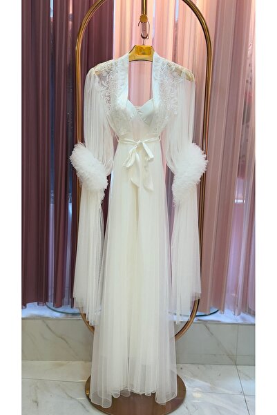 Limas lingerie Special Design Tulle, 2-Piece Long Dressing Gown with Lace Det...