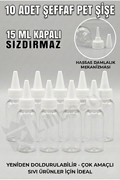 lilibeaty 10 Adet 15 ml Şeffaf Boş Plastik Şişe - Sızdırmaz Contalı İğne Uçlu...