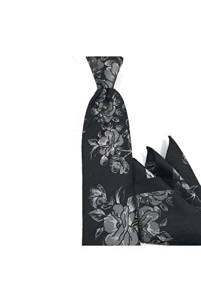 Sade Kravat Black Gray White Floral Print Handkerchief Tie 33133 Black
