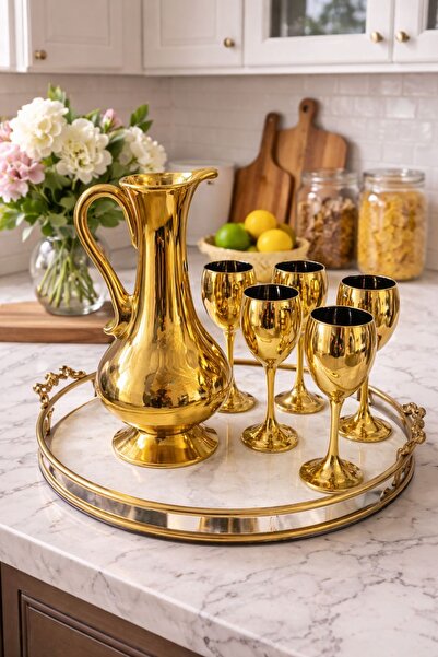 İnciaglobal Lüks Gold Kaplama 6’lı Kadehli Şerbetlik Sürahi Seti – Dekoratif ...