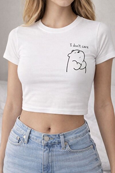 Women's I Don't Care Printed Crew Neck Baby Tee Combed Cotton Crop T-Shirt