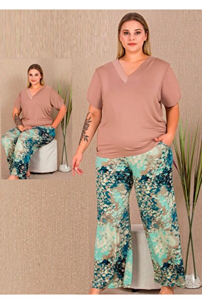 by İGP Patterned Short Sleeve V-Neck Viscose Fabric Wide-Leg Piece Plus Size ...